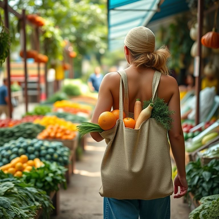 Mulher carregando uma ecobag cheia de frutas e legumes em feira brasileira.