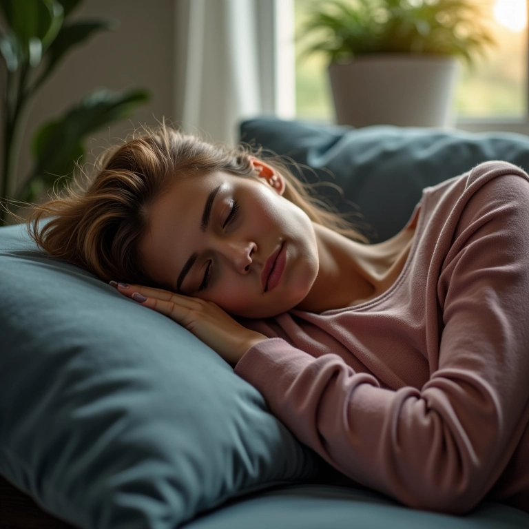 Mulher cochilando no sofá para aumentar a produtividade com um power nap de 20 minutos.