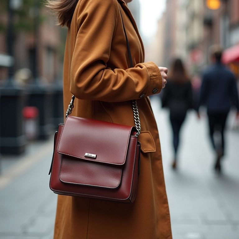 Mulher com bolsa estilosa, caminhando na rua em cenário urbano.
