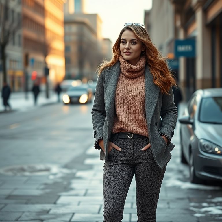 Mulher com calça de crochê e jaqueta estilosa em ambiente urbano no inverno.