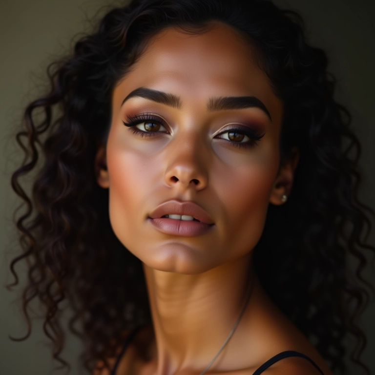 Mulher com delineado esfumado nos olhos, olhar expressivo.