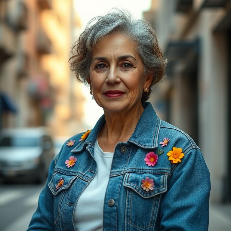 Mulher com jaqueta jeans customizada com fuxicos.