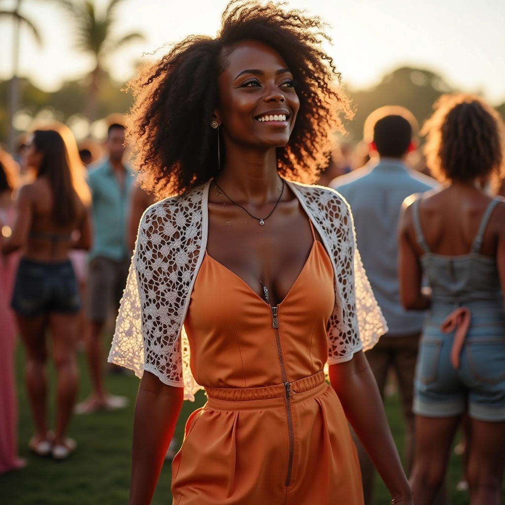 Mulher com macacão usando bolero de crochê em festa ao ar livre.