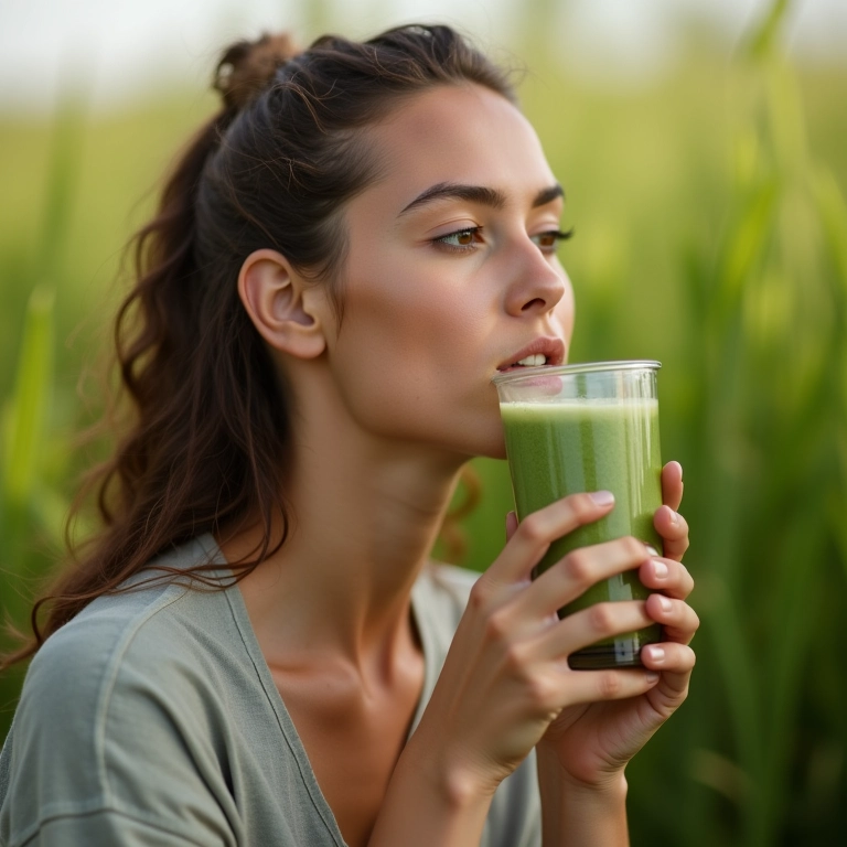 Mulher com pele saudável bebendo suco de wheatgrass.