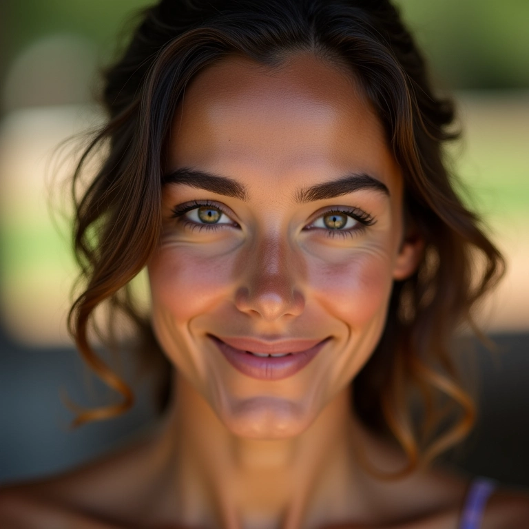 Mulher com rosto oval e sobrancelhas perfeitas sorrindo.