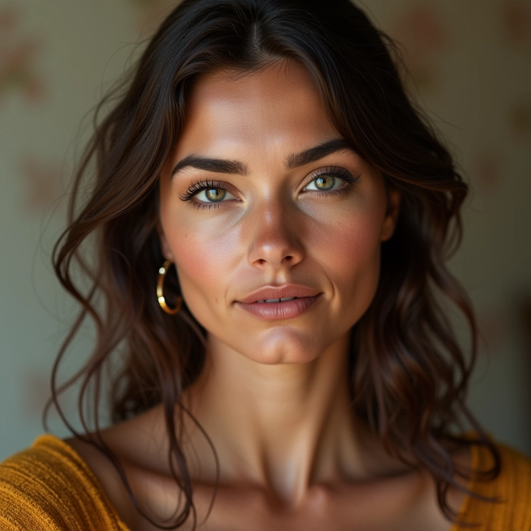 Mulher com rosto quadrado e sobrancelhas suaves e arredondadas.