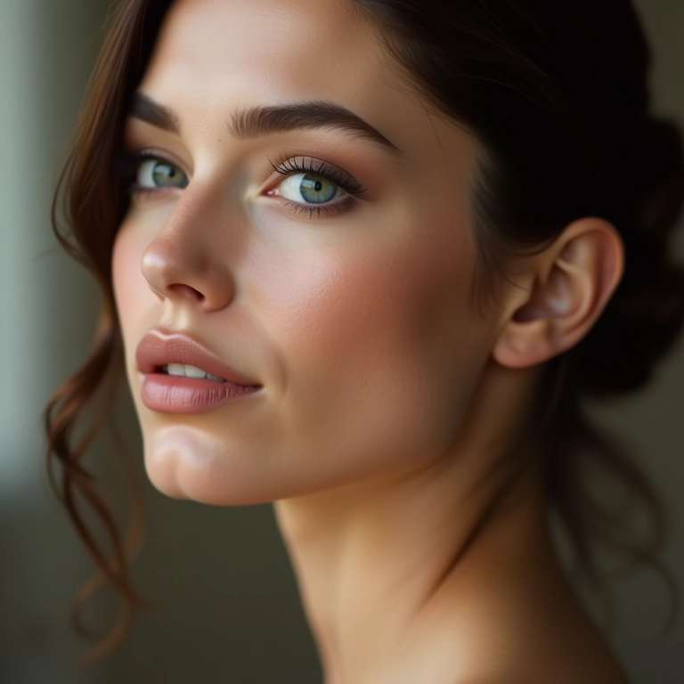 Mulher com rosto redondo e sobrancelhas angulares.