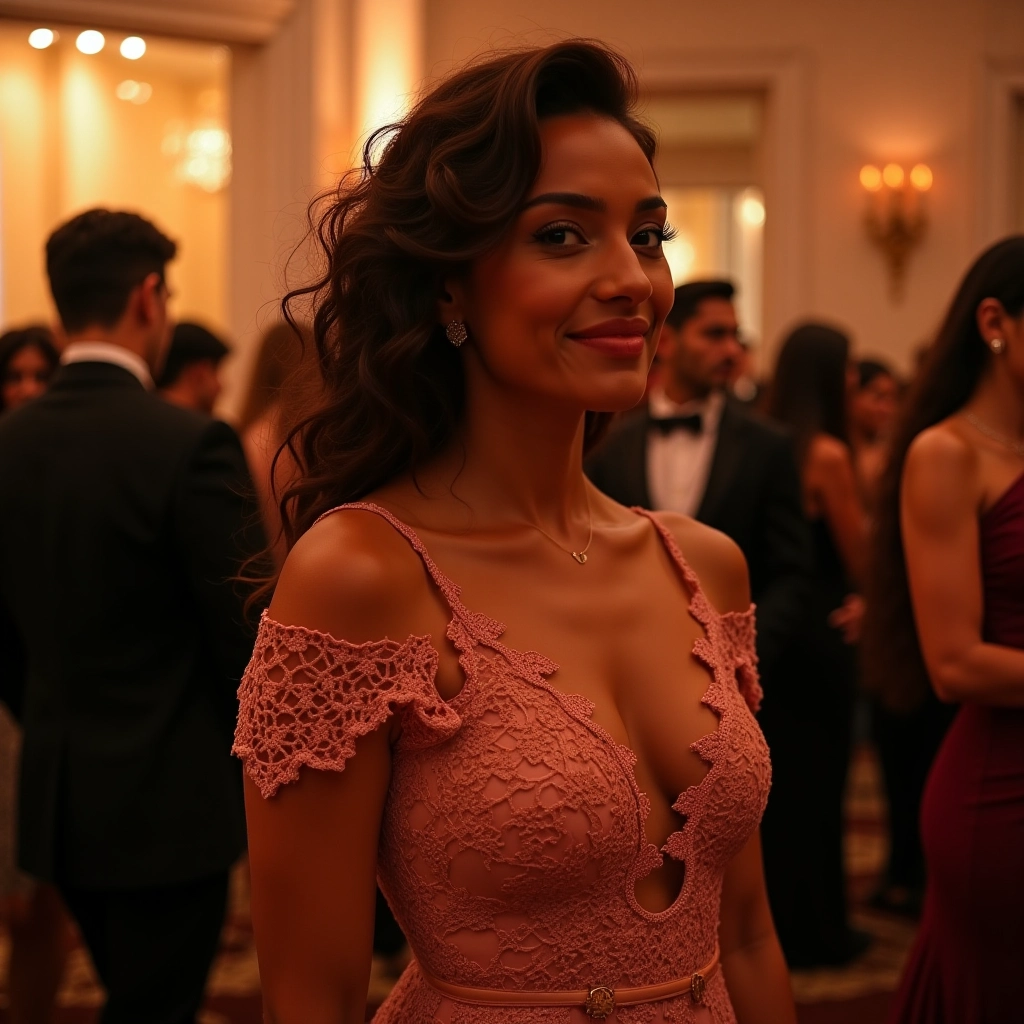 Mulher com vestido de festa usando bolero de crochê em evento elegante.