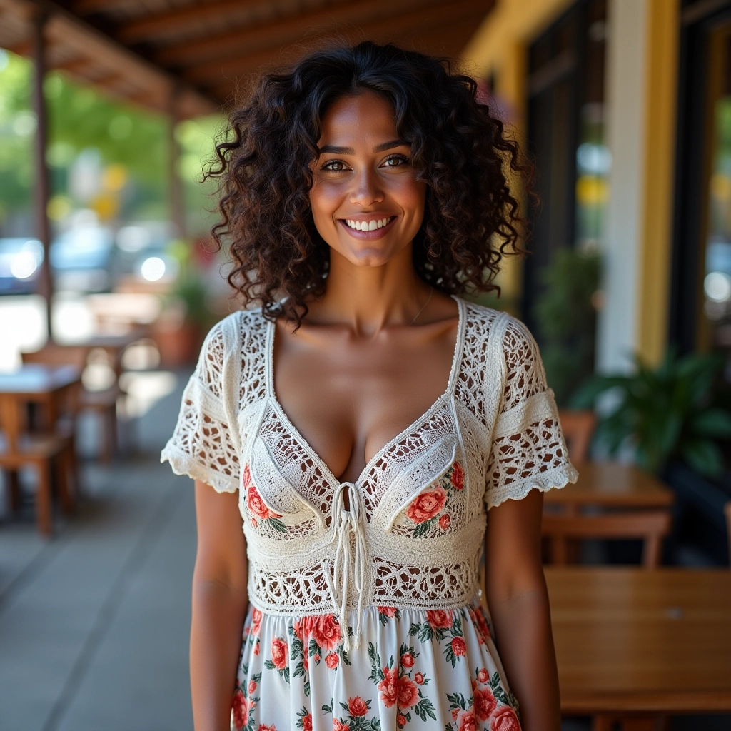 Mulher com vestido floral e bolero de crochê em café ao ar livre.