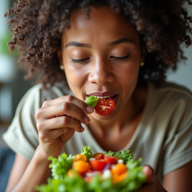 Mulher comendo salada colorida com atenção, representando a alimentação consciente.