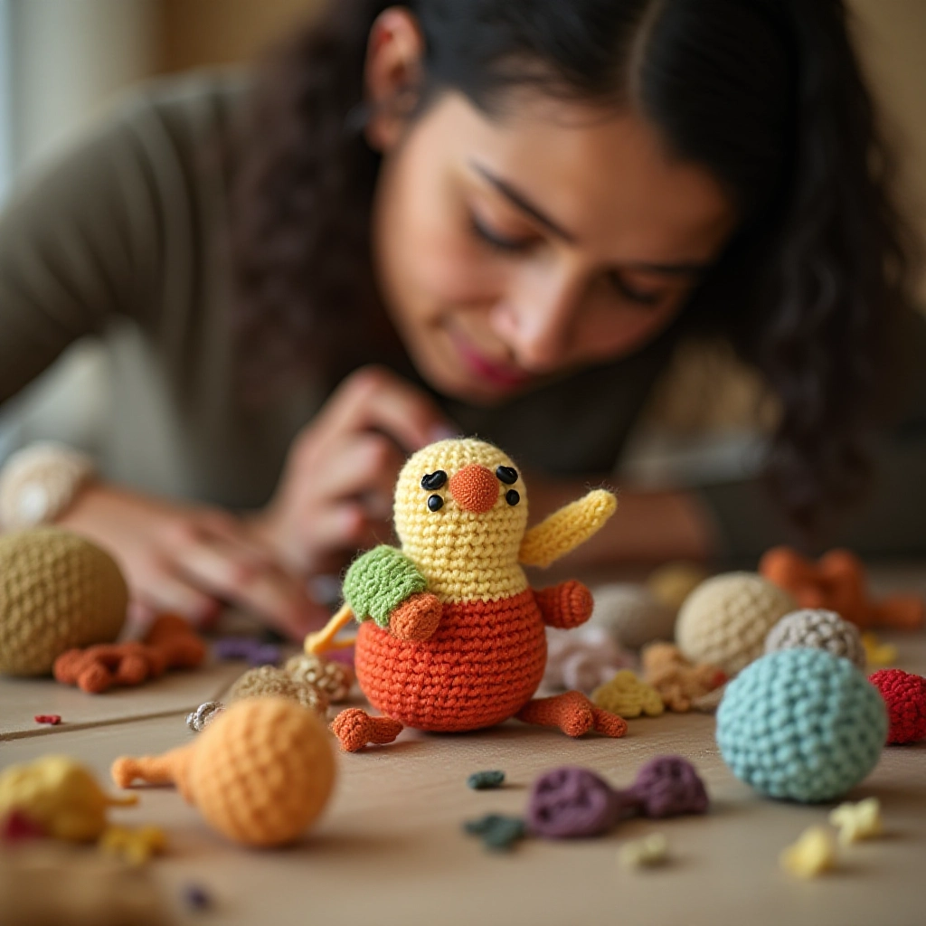 Mulher costurando as partes de um amigurumi (pássaro colorido).