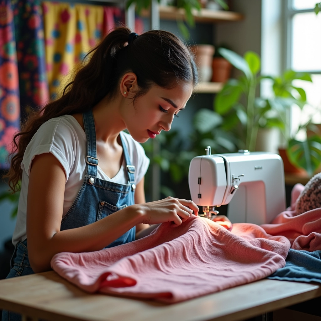 Qual o Ponto Ideal Para Costurar Malha na Sua Máquina Mulher costurando malha em máquina de costura, foco nas mãos e tecido.