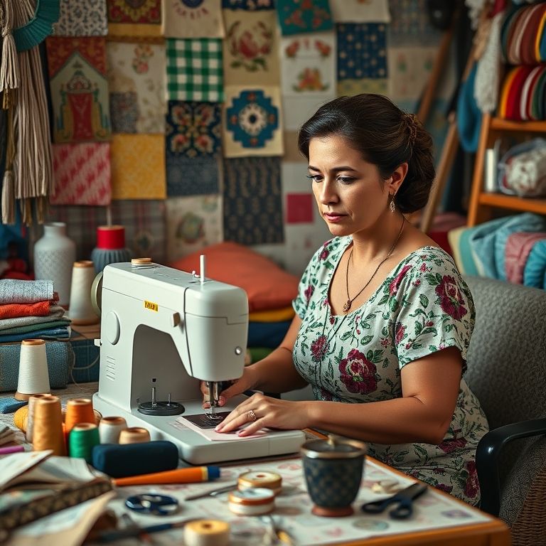 Mulher costurando patchwork com máquina de costura em ateliê.