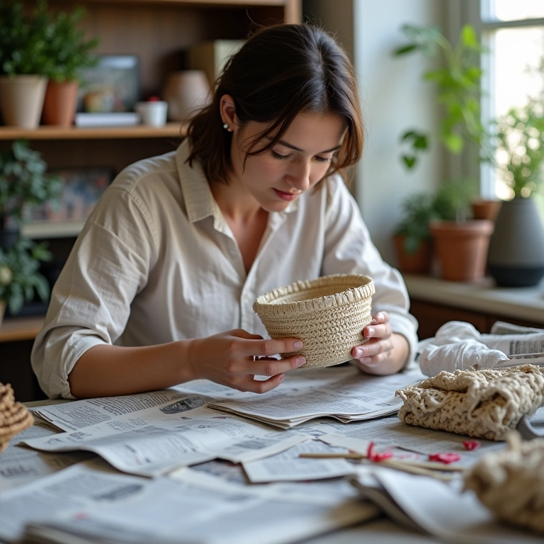 Mulher criando cestos de jornal em casa, cercada por materiais.