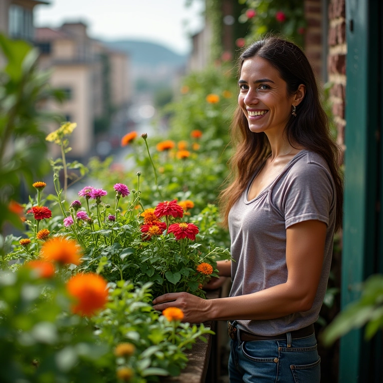 Mulher cuidando de jardim urbano vibrante em sua varanda.