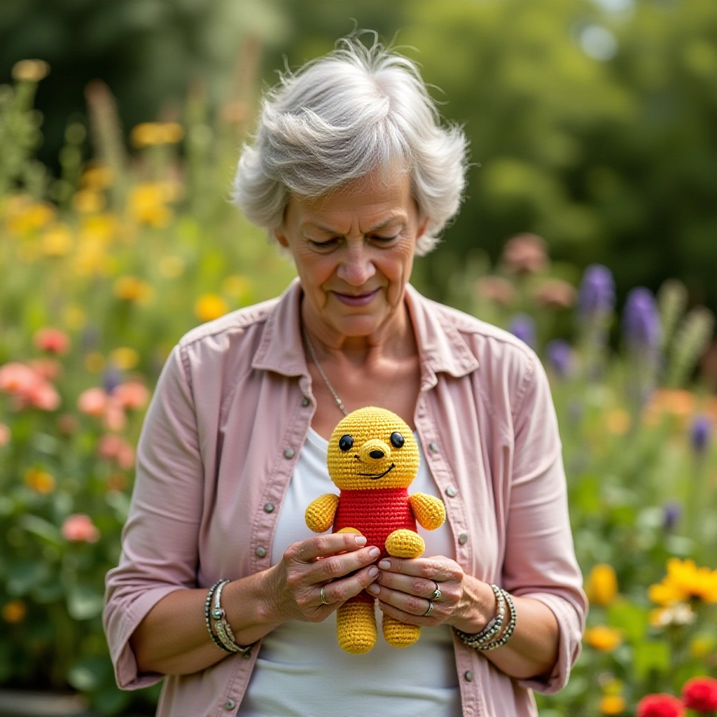 Mulher de meia-idade crochetando amigurumi em jardim ensolarado.