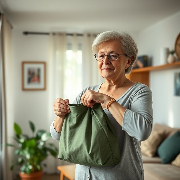 Mulher de meia-idade dobrando ecobag dobrável.