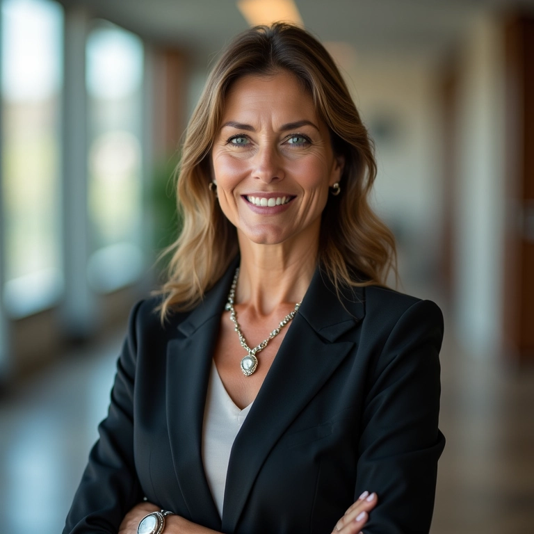 Mulher de meia-idade em ambiente formal, vestindo terno elegante e joias discretas.