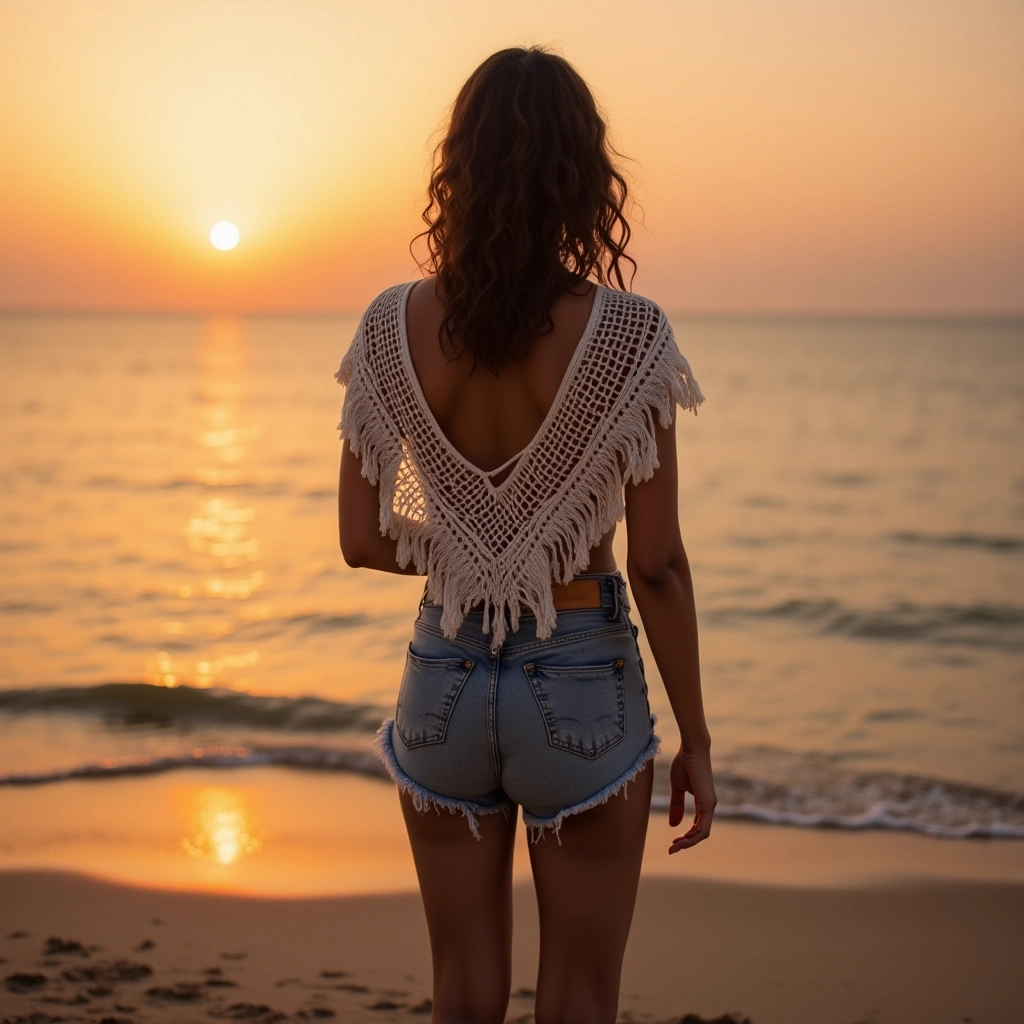 Mulher de shorts e regata usando bolero de crochê na praia, ao pôr do sol.