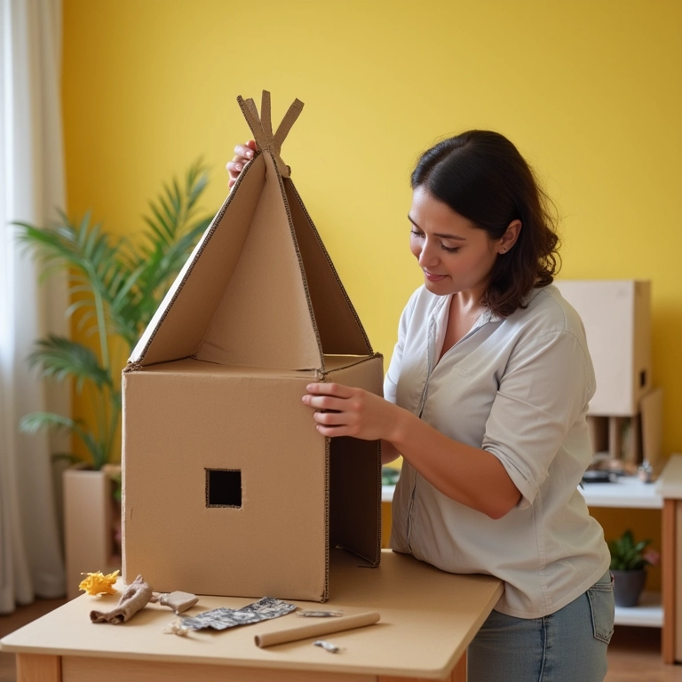 Mulher decorando casinha de boneca feita de caixas de papelão em quarto ensolarado.