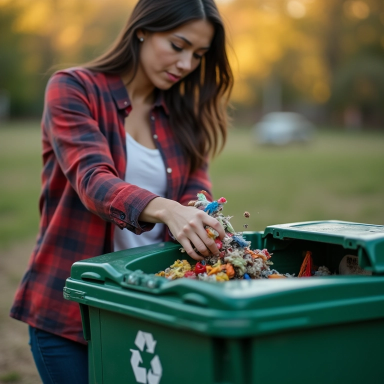 Mulher descartando brinquedos quebrados em lixeira de reciclagem designada.