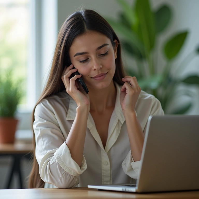 Mulher desligando o celular durante pausa no trabalho.