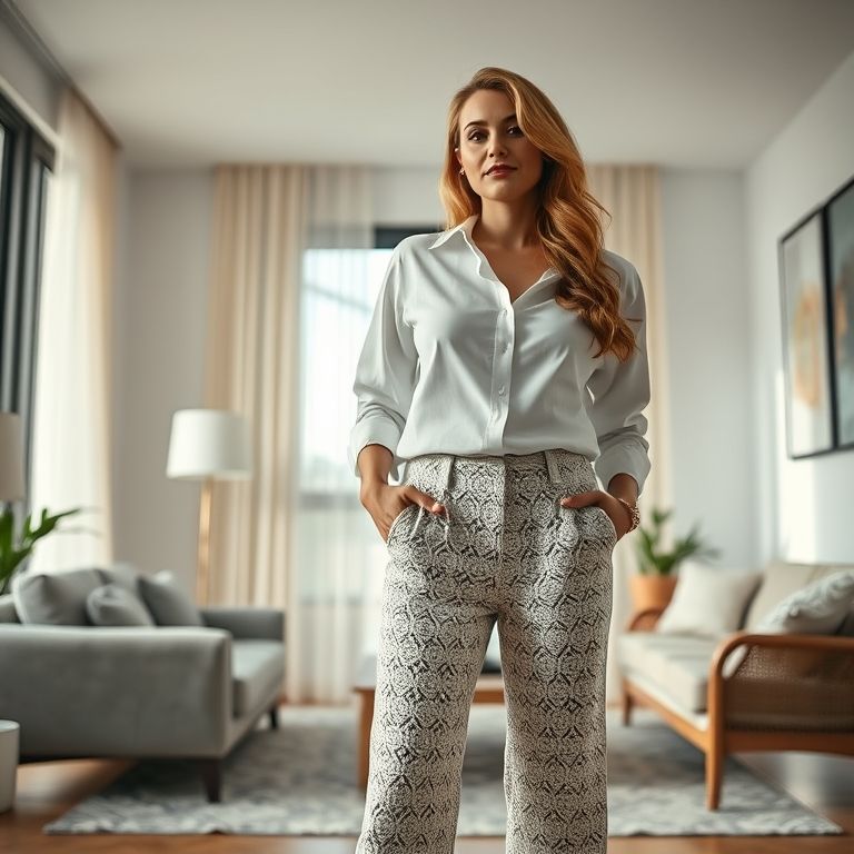 Mulher elegante com calça de crochê e camisa branca em apartamento moderno.