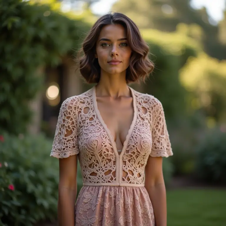 Mulher elegante em festa no jardim usando bolero de crochê sobre vestido sofisticado.