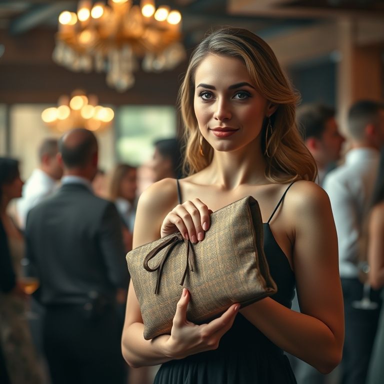 Mulher elegante segurando uma bolsa clutch de tecido em festa.