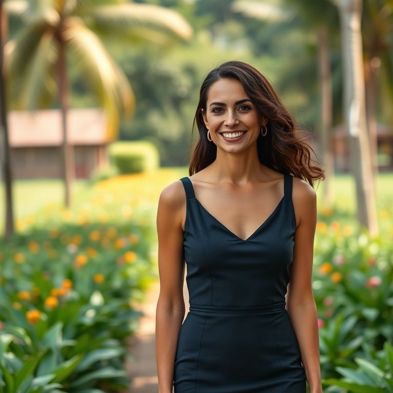 Mulher elegante vestindo um vestido tubinho clássico, sorrindo confiantemente.