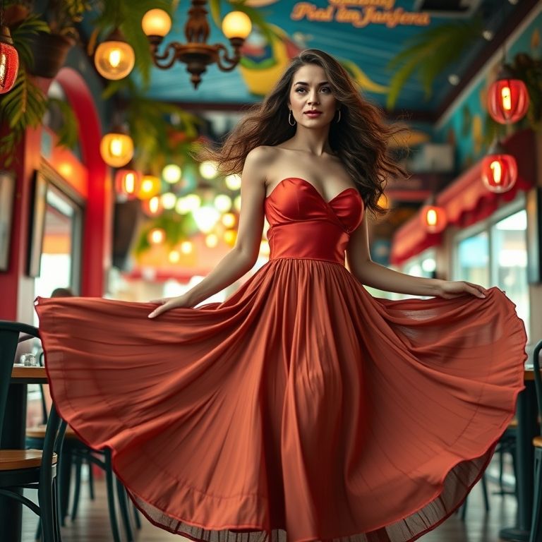 Mulher em café no Rio usando saia godê total.