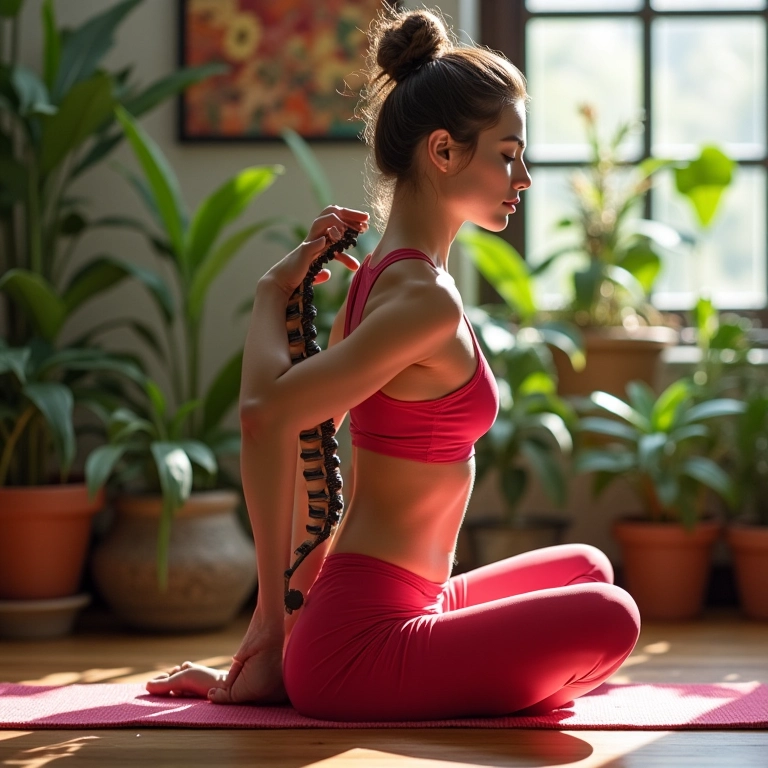 Mulher em torção espinhal sentada, melhorando postura.