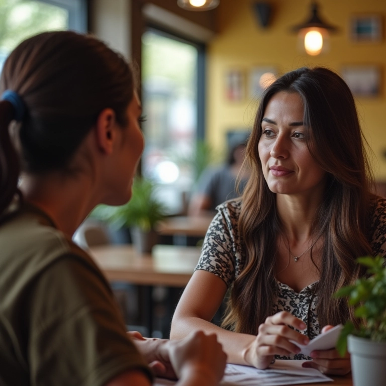 Mulher ensinando o que aprendeu para um amigo em um café.