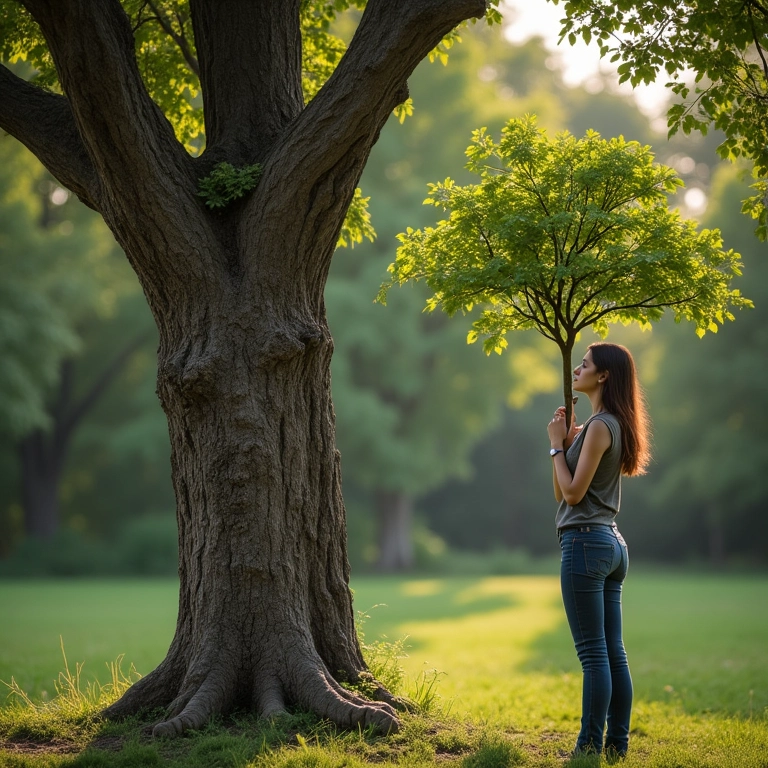 Mulher escolhendo entre uma árvore antiga e uma jovem para abraçar.