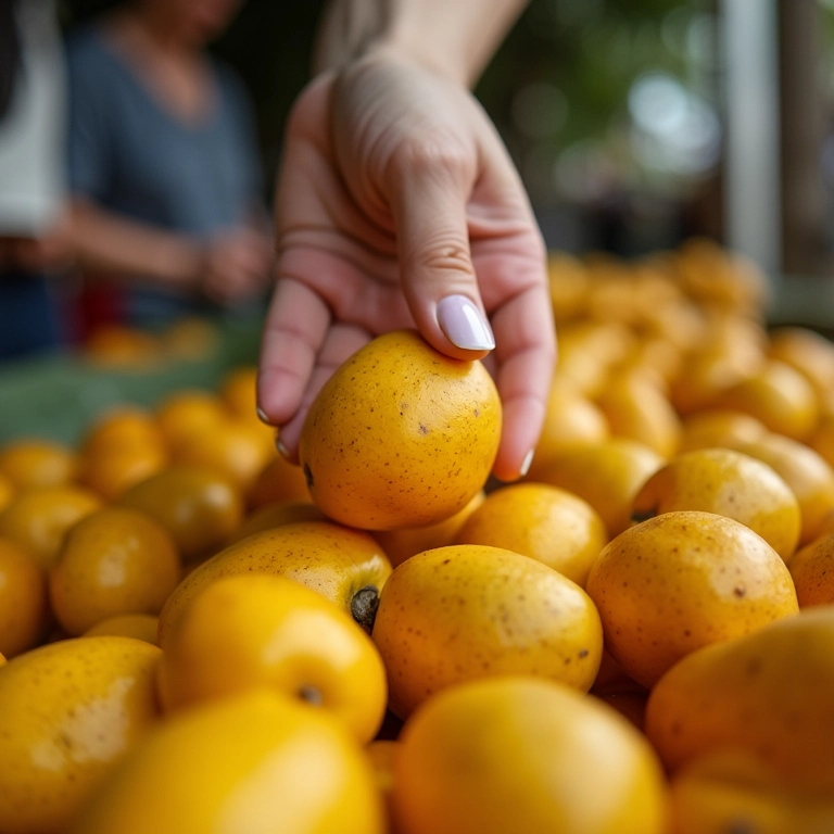 Mulher escolhendo jabuticabas frescas em um mercado de agricultores.