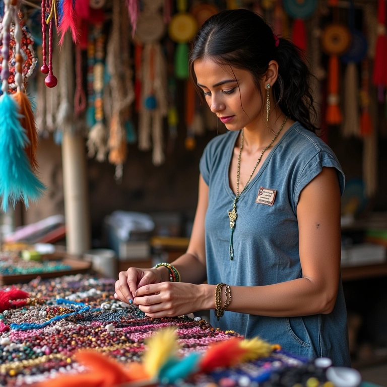 Mulher escolhendo materiais para filtro dos sonhos em mercado.