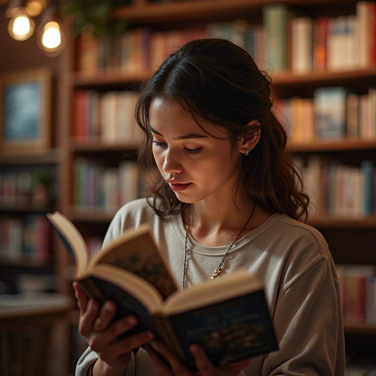 Mulher escolhendo um livro sobre famílias em uma livraria.