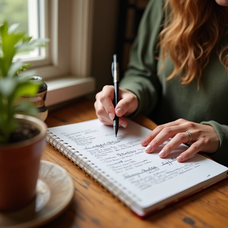 Mulher escrevendo agenda em caderno, riscando tarefas concluídas.