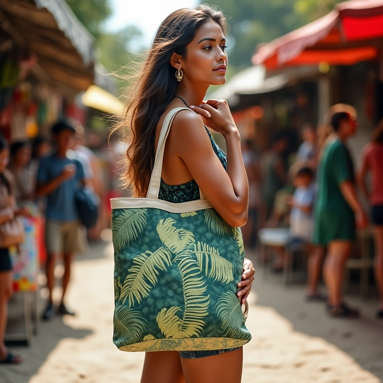 Mulher estilosa com ecobag sustentável em mercado de rua brasileiro.