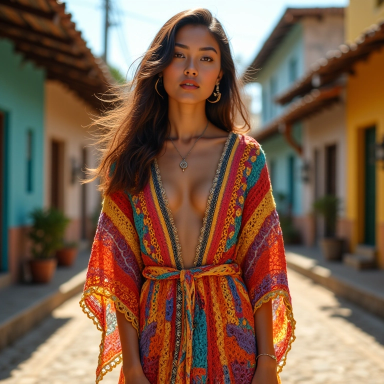 Mulher estilosa com kimono de crochê em rua brasileira ensolarada.