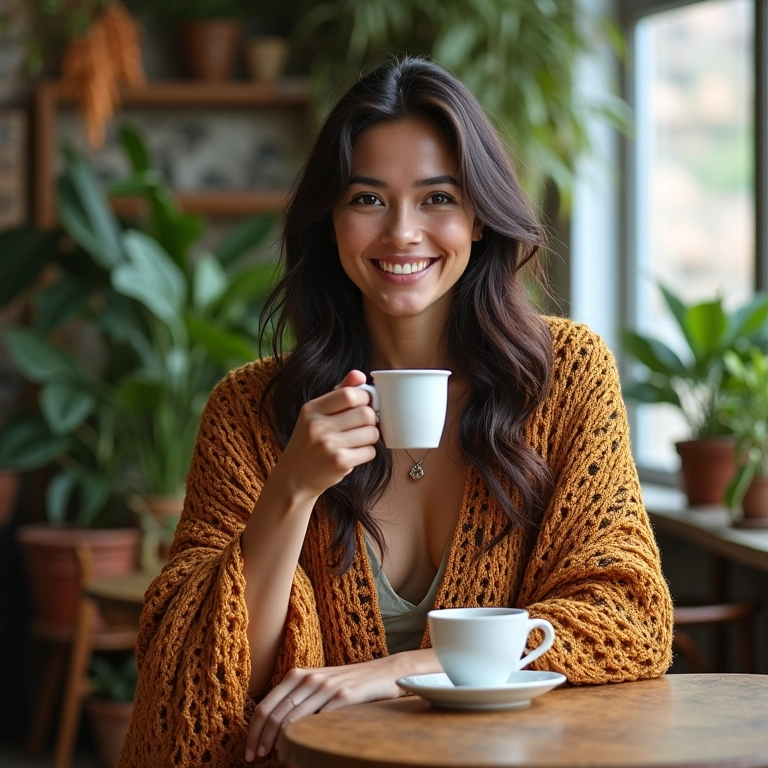 Mulher estilosa usando xale de crochê em café charmoso.