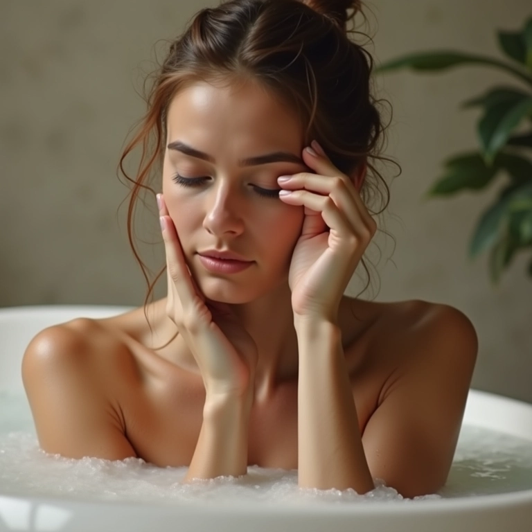 Mulher evitando contato de óleos essenciais com os olhos durante o banho.