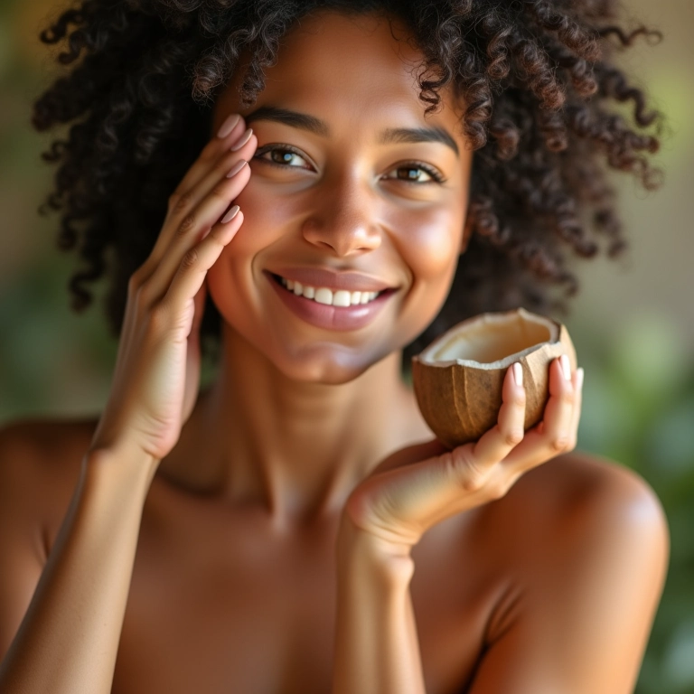 Mulher hidratando a pele com óleo de coco.