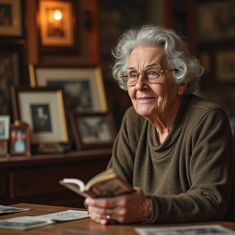 Mulher idosa sorrindo ao recordar a saga familiar.