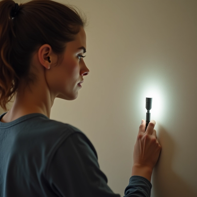 Mulher inspecionando parede com lanterna para identificar imperfeições.