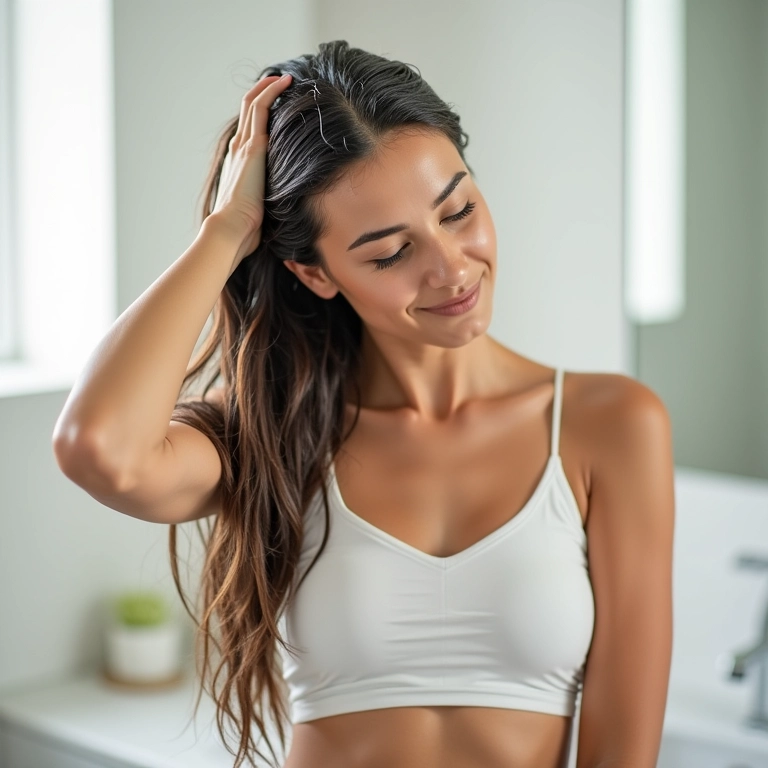 Mulher lavando o cabelo com shampoo sem sulfato diariamente.