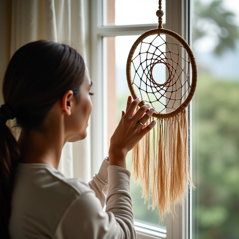 Mulher limpando filtro dos sonhos delicadamente.