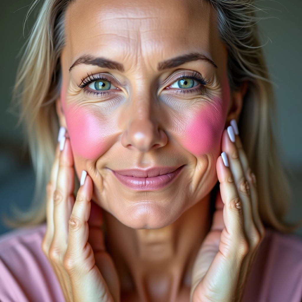 Mulher madura aplicando blush rosado e iluminado nas bochechas.