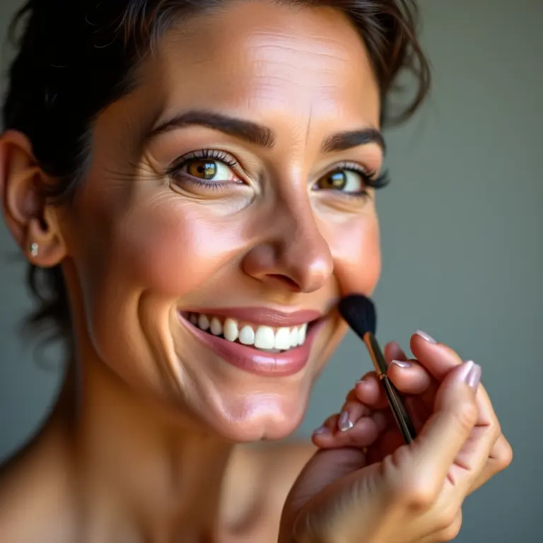 Mulher madura radiante aplicando maquiagem para pele madura.