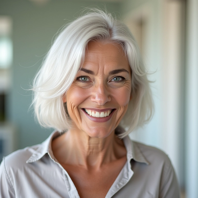 Cabelo Branco: Como Cuidar e Matizar os Fios em Casa Mulher madura sorrindo com cabelos brancos saudáveis.